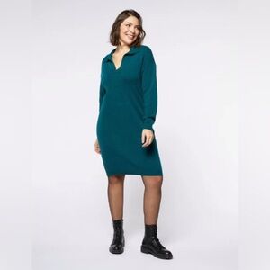 Mondetta Women Collared Long Sleeve Shirt Dress Teal-Blue L EcoVero Ribbed Knit